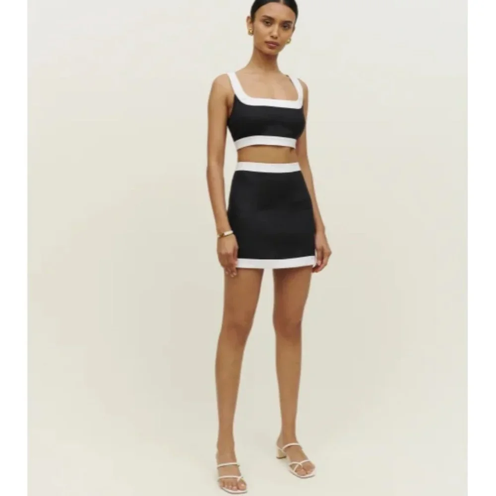 NWOT Reformation Robbie Linen Two Piece in Black White Sleeveless Top Skirt Set
